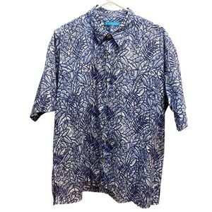 Tori Richard Cotton Blue White Palm Trees Short Sleeve Button Up Shirt Mens Sz L